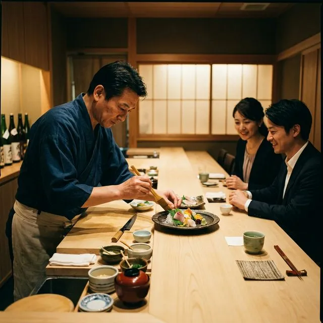 銀座の夜の大通りと上品なレストラン