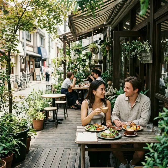 表参道の並木道とおしゃれなカフェテラス