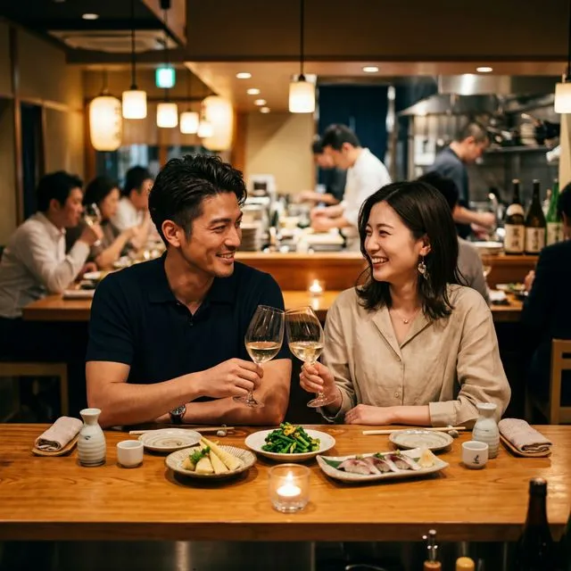 春の夜に食事を楽しむカップル